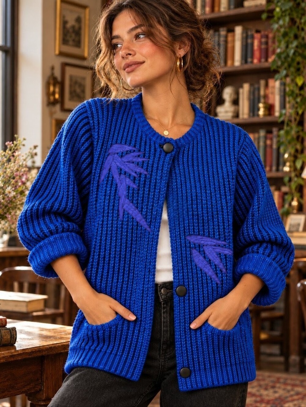 Vintage Cobalt Blue Chunky Knit Appliqué Cardigan Artsy Grandmacore Cozy